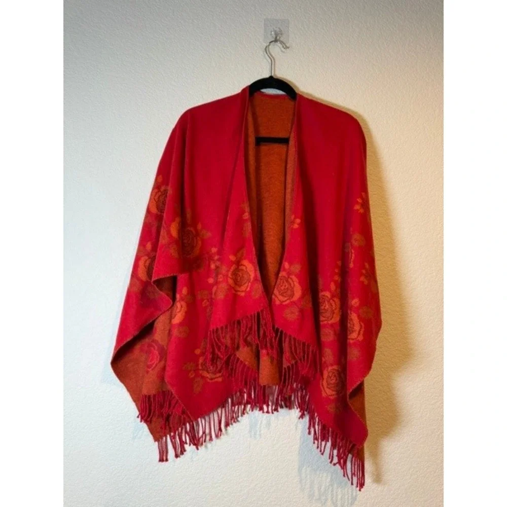 Victoire Mathieu Paris Royalsoft Red Orange Floral Rose Fringe Shawl Wrap France